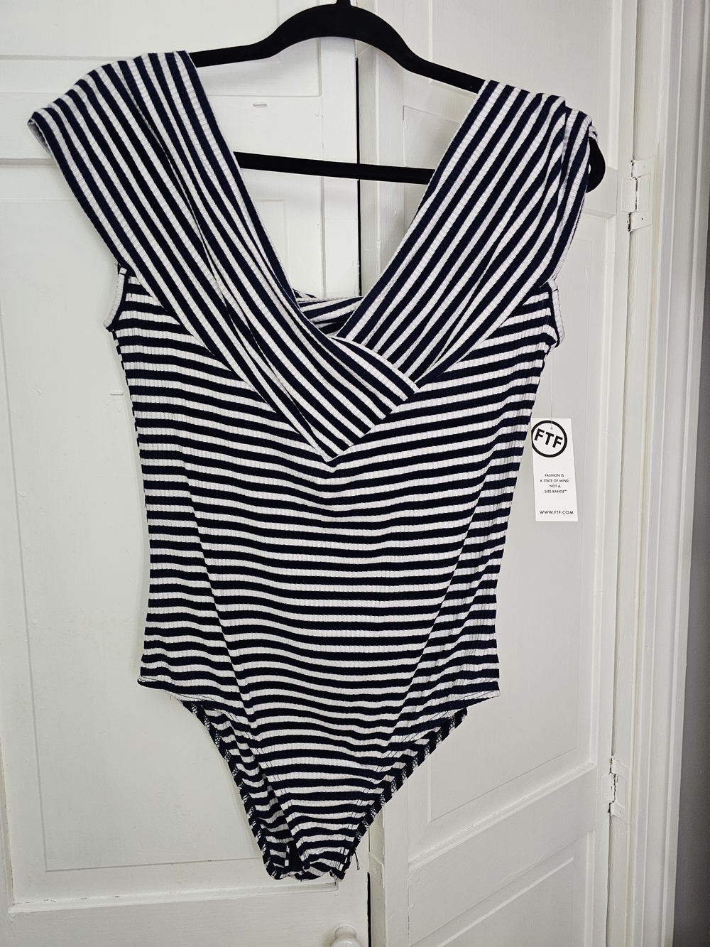 Fashion to Figure Black & White Striped V-Neck Ribbed Bodysuit